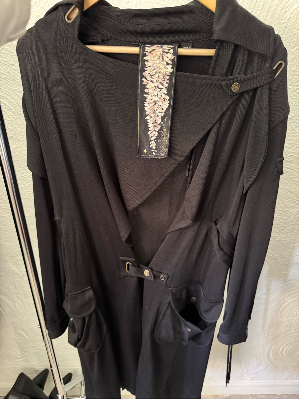 L.A.M.B. Black Draped Long Trench Coat with Embroidered Collar Detail - Picture 5 of 5